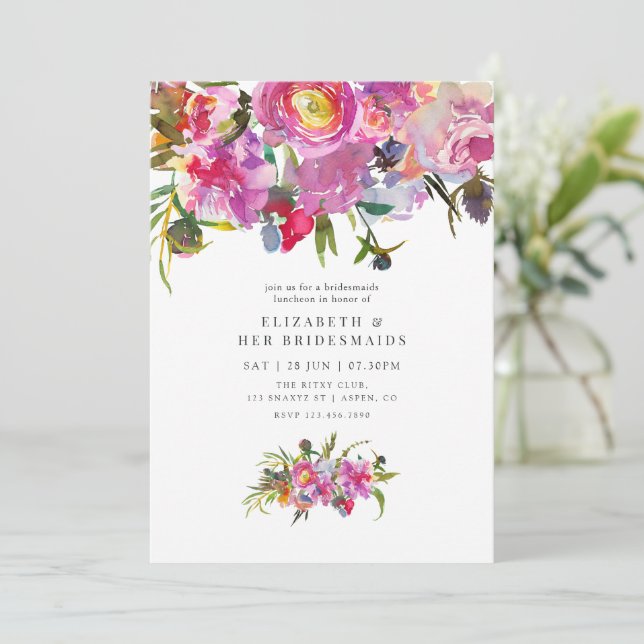 Convites Almoço de Damas de Honra Floral Peônias Rosa Vinta (Em pé/Frente)