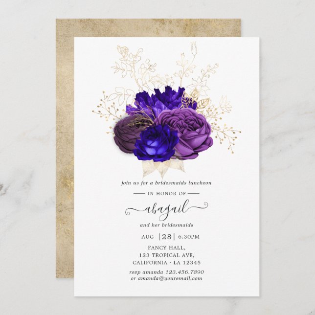 Convites Almoço de Damas de Honra Roxo, Azul Real e Dourado (Frente/Verso)