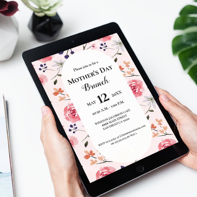 Convites Almoço de Dia de as mães de Rosas Rosa Floral (Mother's day brunch digital download invitation. Pink roses, peonies watercolor pattern design.)