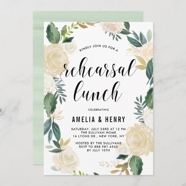 Convites Almoço de ensaio de água com beige (Frente/Verso)