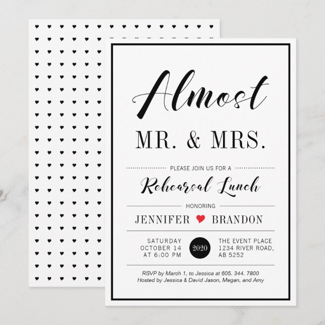 Convites Almoço de Ensaios de Casamento com Tipografia Mode (Frente/Verso)