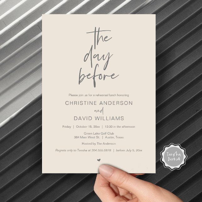 Convites Almoço de Ensaios Moderno, No dia anterior (The day before, Wedding Rehearsal Lunch Invitation Card, Modern Minimalist Script, Grey Cream)