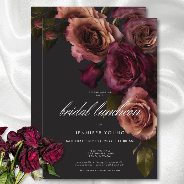 Convites Almoço de ferrugem e borgonha (Elegant Moody Rust & Burgundy Floral Bridal Lunch Invitation)
