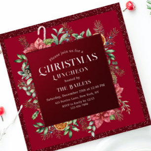 Convites Almoço de Natal Burgundy Glitter Poinsettia