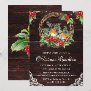 Convites Almoço de Natal com Robins Rústicos e Grinalda de 