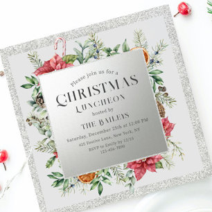 Convites Almoço de Natal Floral de Inverno Brilho Prata