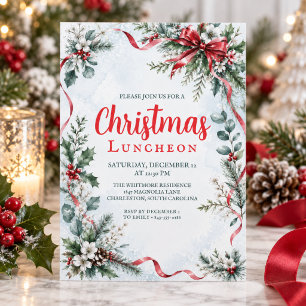 Convites Almoço de Natal Laço Vermelho Aquarela Folhagens