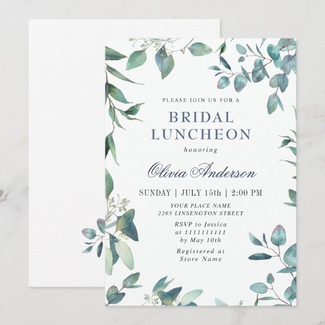 Convites Almoço de Noiva com Eucalipto em Aquarela (Frente/Verso)