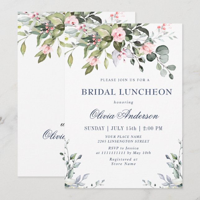 Convites Almoço de Noiva com Eucalipto em Aquarela (Frente/Verso)