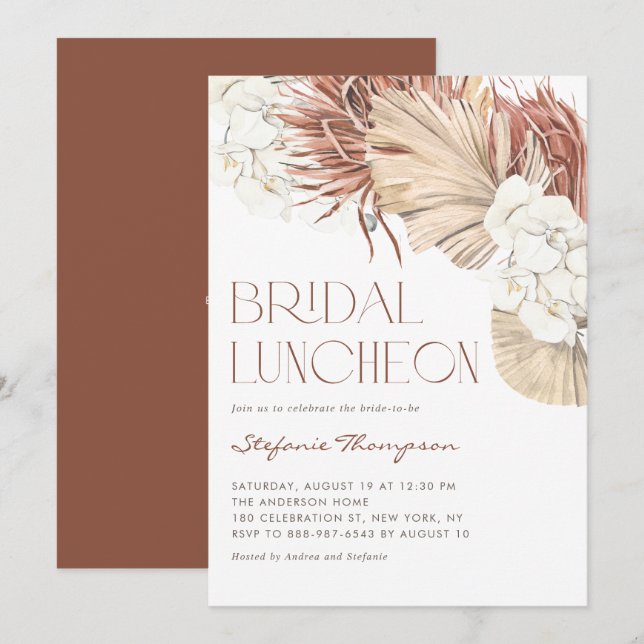 Convites Almoço de Noiva com Orquídeas Boho e Folhas de Pal (Frente/Verso)