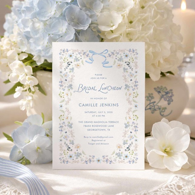 Convites Almoço de Noiva Floral Azul com Laço (Blue Floral Bridal Luncheon Invitation)