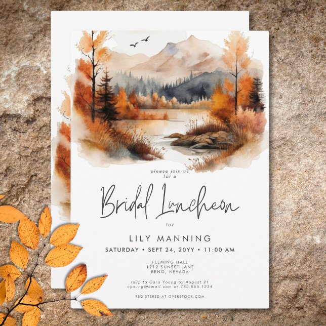 Convites Almoço de Noivado Rústico de Outono em Montanha em (Rustic Fall Mountain Watercolor Bridal Luncheon Invitation)