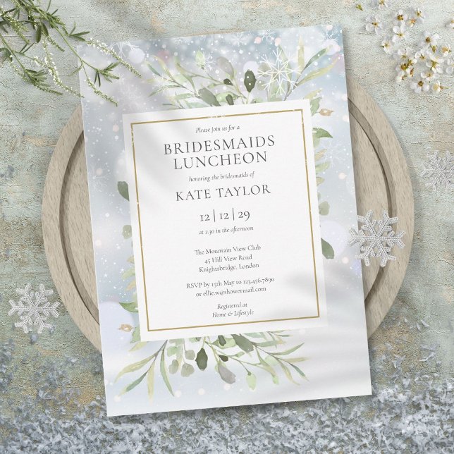 Convites Almoço de Noivas com Verde e Neve de Inverno Elega (Elegant Winter Snow Greenery Bridesmaids Luncheon Invitation)