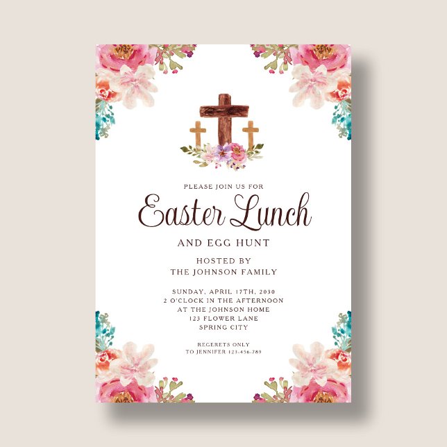 Convites Almoço de Páscoa Cruz Floral Elegante (Elegant Floral Cross Easter Lunch Invitation)
