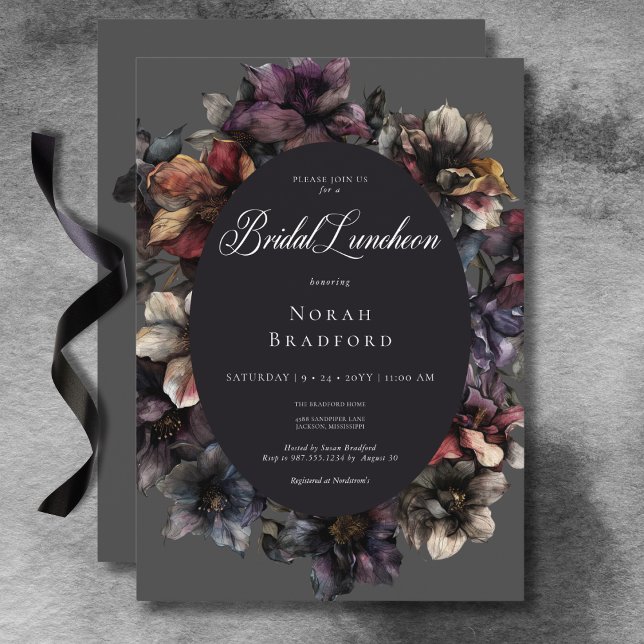 Convites Almoço Floral de Brida Floral de Moody Gótica Escu (Dark Gothic Moody Watercolor Floral Bridal Lunch Invitation)