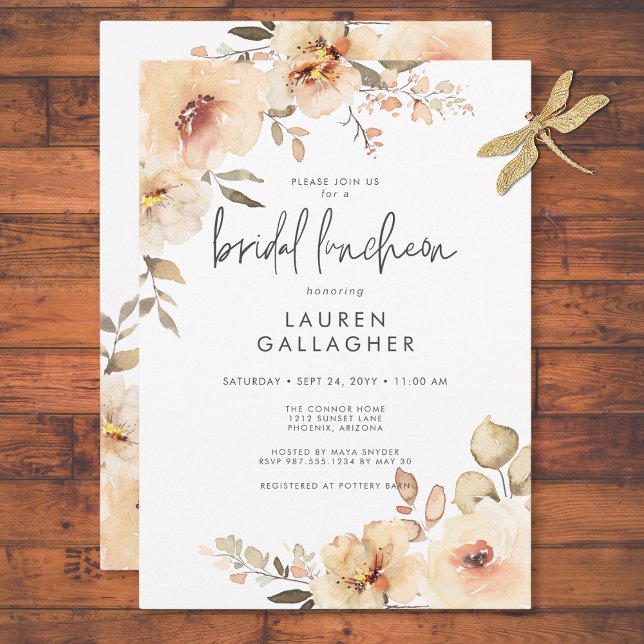 Convites Almoço Nupcial com Tema de Champanhe e Floral Mode (Modern Fall Champagne Floral Frame Bridal Luncheon Invitation)