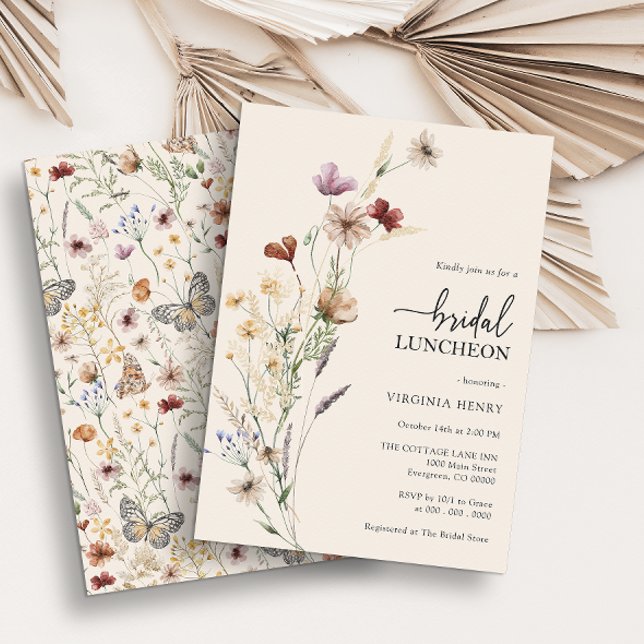 Convites Almoço Nupcial Floral Boho (Rustic Boho Wildflower Bridal Luncheon Invitations with Butterfly by Painted Paperie)