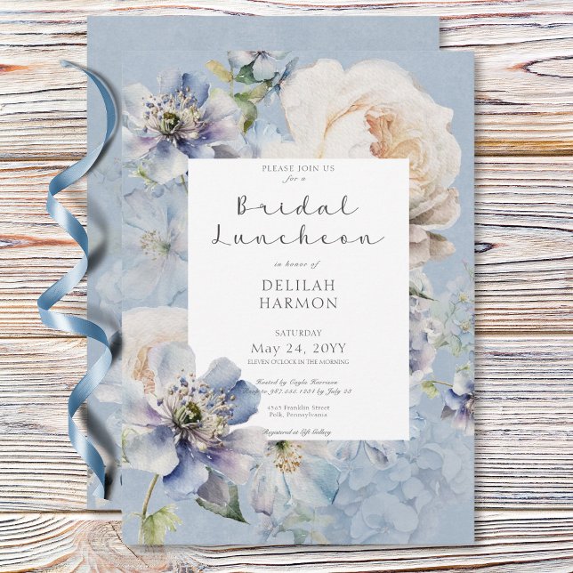 Convites Almoço Romântico Azul e Branco Floral Branca (Rustic Romantic Blue & White Floral Bridal Lunch Invitation)