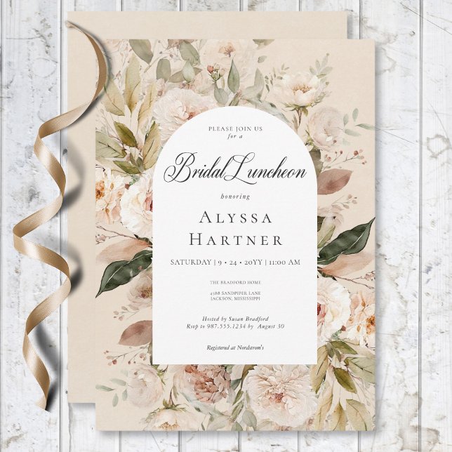 Convites Almoço Rústico Neutro Do Creme Floral Arch Bridal (Rustic Neutral Tan Cream Floral Arch Bridal Lunch Invitation)