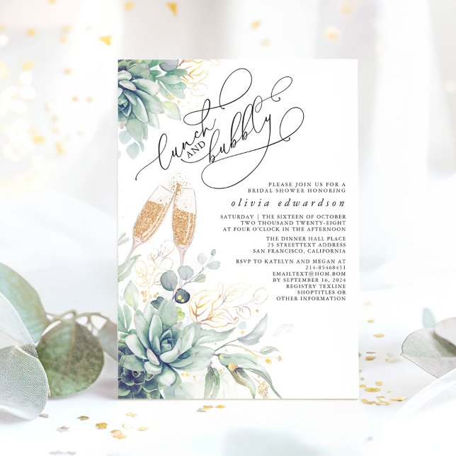 Convites Almoço verde e Chá de panela espumante (Lunch and Bubbly Greenery Bridal Shower Invitations)