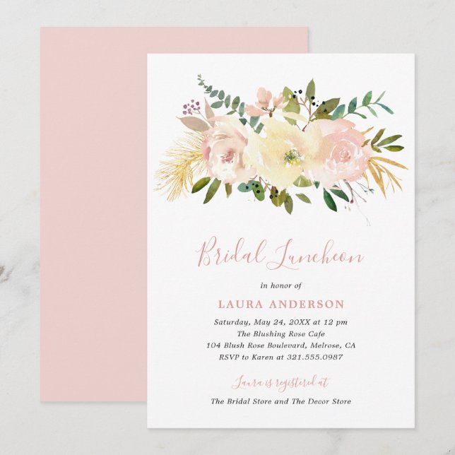 Convites Almofada Brida Rosa-Rosa, Dourada Floral Elegante (Frente/Verso)