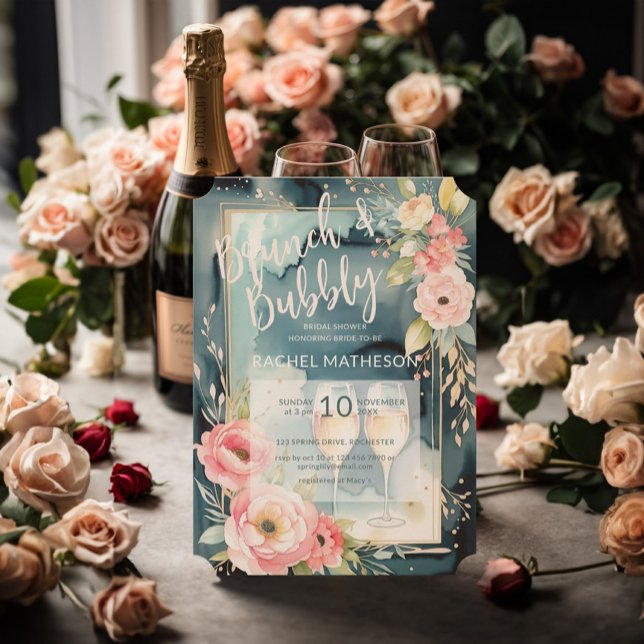 Convites Almofada de água e chá de panela de bolhas (Brunch and bubby bridal shower invitation featuring watercolor floral and champagne glasses.)