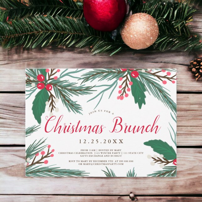 Convites Almofada de água verde-vermelha, brunch de Natal (Red green mistletoe watercolor Christmas brunch Invitation)