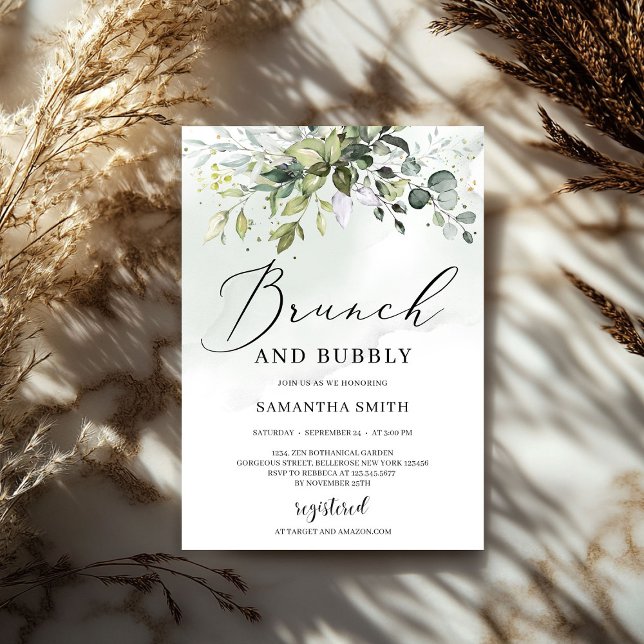 Convites Almofada de folhagem moderna e noiva (Modern greenery foliage brunch and bubbly bridal invitation)