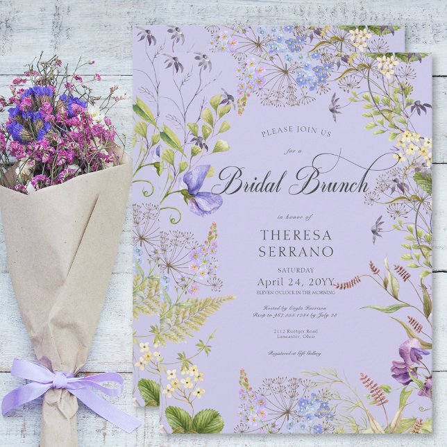 Convites Almofada de Jantar de Noiva Roxa de Sálvia Selvage (Rustic Purple Sage Wildflower Purple Bridal Brunch Invitation)