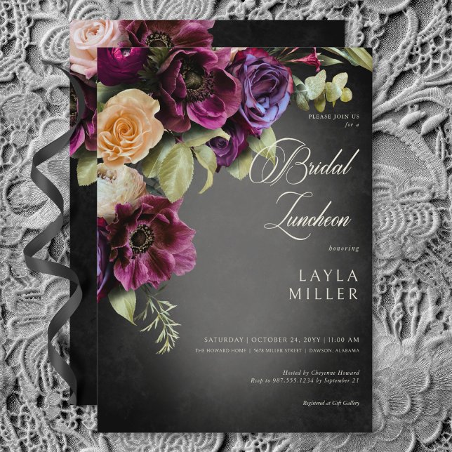 Convites Almofada Floral Bridal Negra Escura (Dark Elegant Black Blur Floral Bridal Luncheon Invitation)