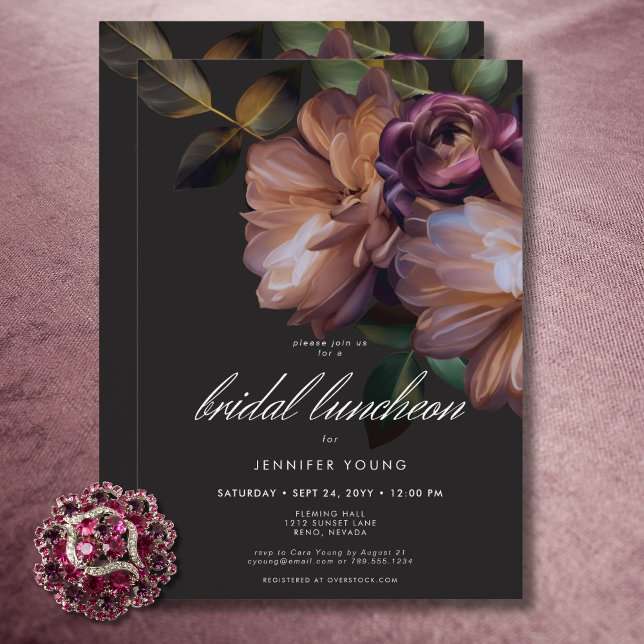 Convites Almofada Floral Negra Elegante (Elegant Black Moody Floral Bridal Luncheon Invitation)