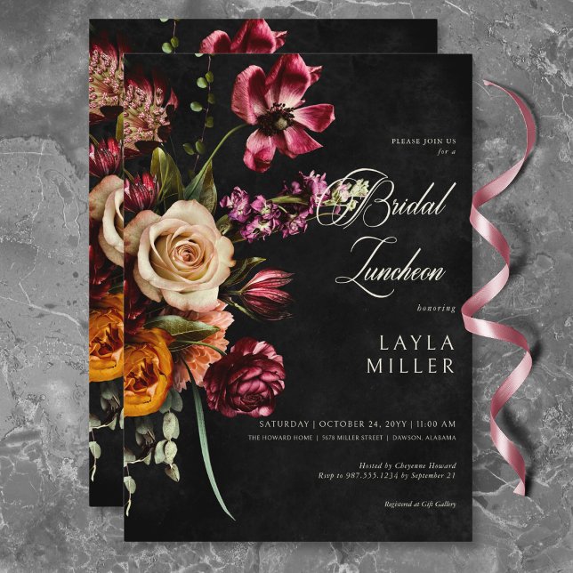 Convites Almofada Floral Negra Negra Escura de outono (Dark Elegant Black Autumn Floral Bridal Luncheon Invitation)