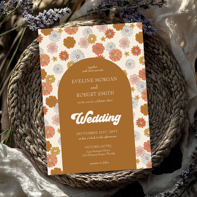 Convites Almofada retrorativa marfim laranja poeirento no o (Retro groovy dusty orange ivory brown autumn invitation)