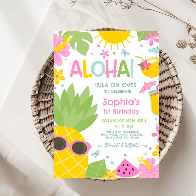 Convites Aloha, Aloha, abacaxi verde-colorido (Hawaiian Theme Birthday Party Invitation Template, Editable Aloha Birthday Invitation Girl Colorful)