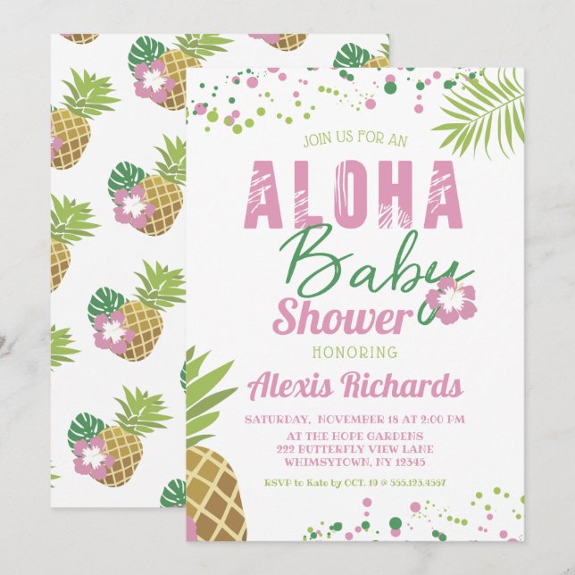 Convites Aloha Baby Pink & Green Tropical Girl Chá de frald (Frente/Verso)
