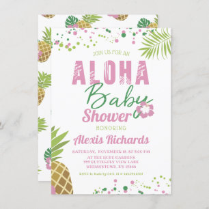 Convites Aloha Baby Pink & Green Tropical Girl Chá de frald