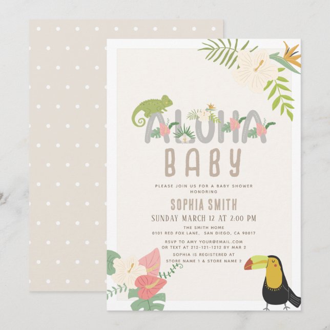 Convites Aloha Baby Tropical Floral Toucan Chá de fraldas (Frente/Verso)