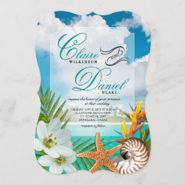 Convites Aloha Beach Weding Plumeria Frangipani Nautilus