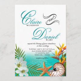 Convites Aloha Beach Weding Plumeria Frangipani Nautilus