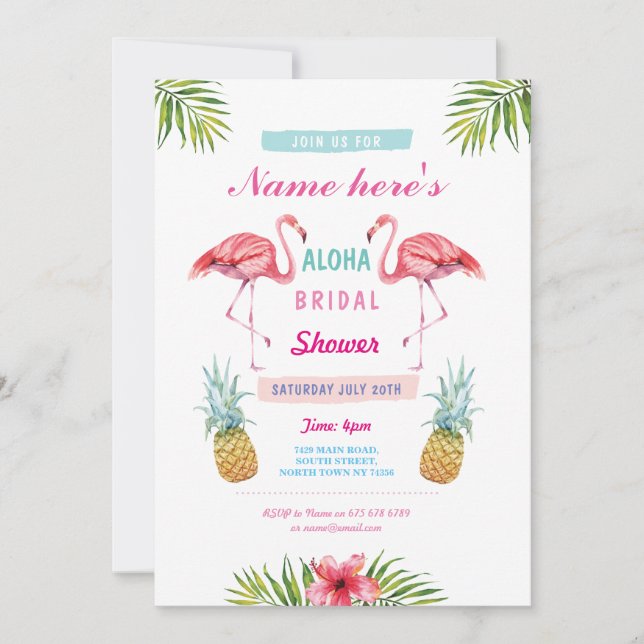 Convites Aloha Chá de panela Flamingo Pineapple Luau Invite (Frente)