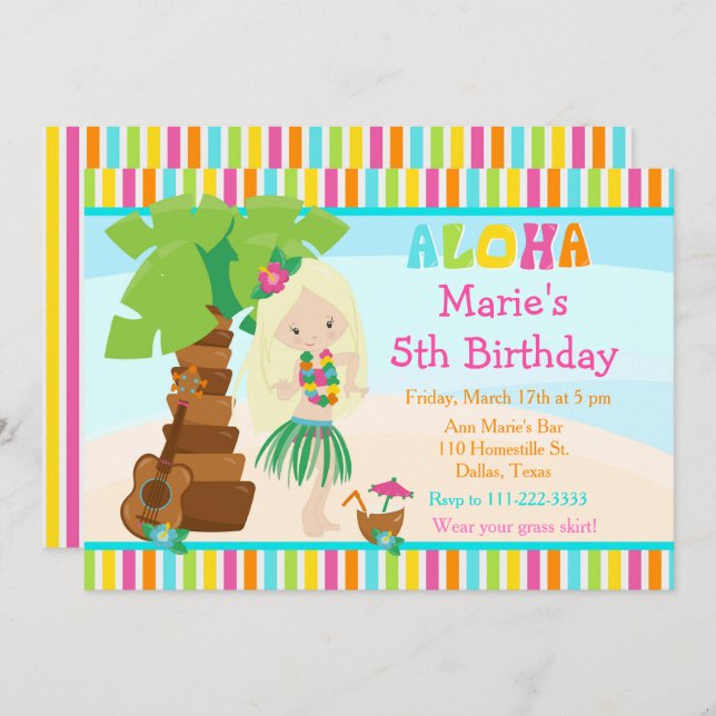 Convites Aloha Cute Blona Festa de aniversário (Frente/Verso)