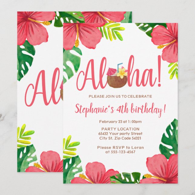 Convites Aloha, festa de aniversário havaiana (Frente/Verso)