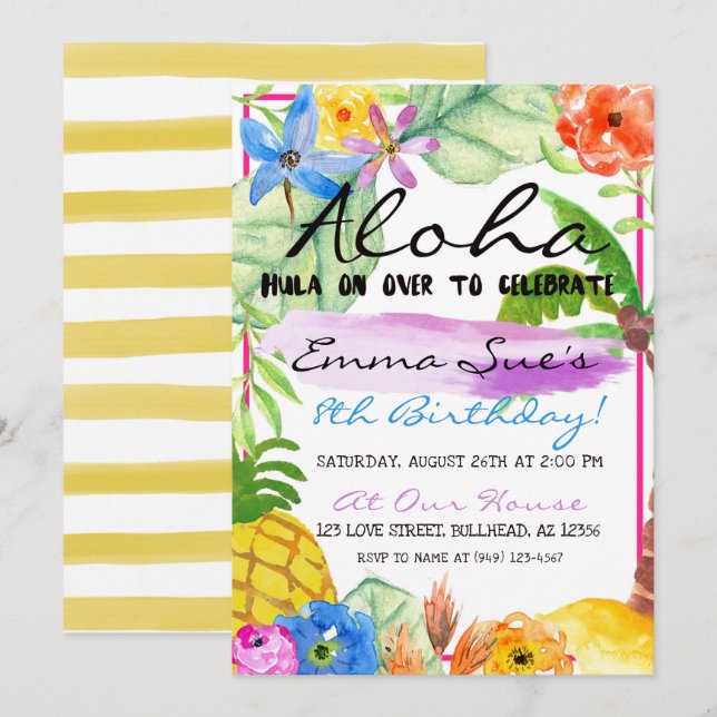Convites Aloha Flores Tropicais Luau Watercolor Aniversário (Frente/Verso)