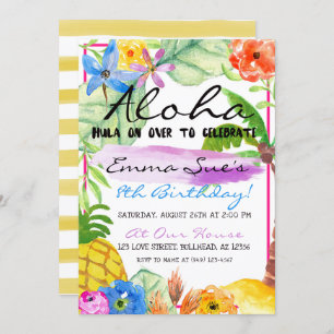 Convites Aloha Flores Tropicais Luau Watercolor Aniversário