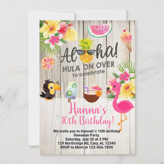 Convites Aloha, hawaiian birthday party invite. (Frente)