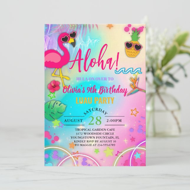 Convites Aloha hawaiian hula no aniversário de uma garota t (Em pé/Frente)