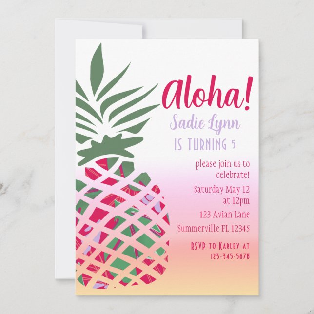 Convites Aloha Hawaiian Pineapple Girls Birthday (Frente)