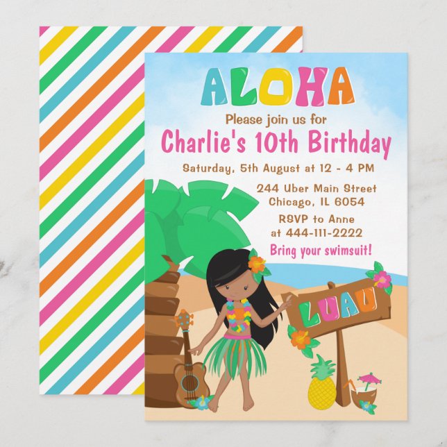 Convites Aloha Luau Beach Birthday African American Girl In (Frente/Verso)