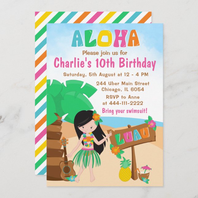 Convites Aloha Luau Beach Birthday Black Hair Girl Invitati (Frente/Verso)
