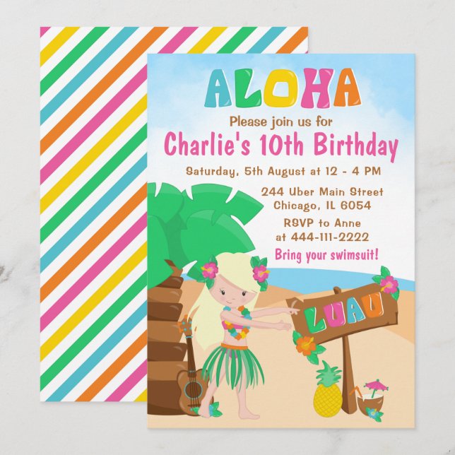 Convites Aloha Luau Beach Birthday Blonde Hair Girl Invitat (Frente/Verso)